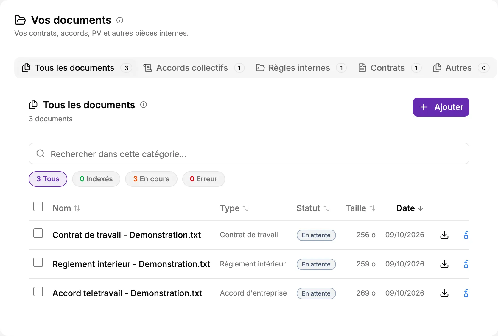 Bibliothèque de documents AORIA RH : accord télétravail, règlement intérieur et contrat de travail fictifs, avec leurs catégories et statuts de préparation.