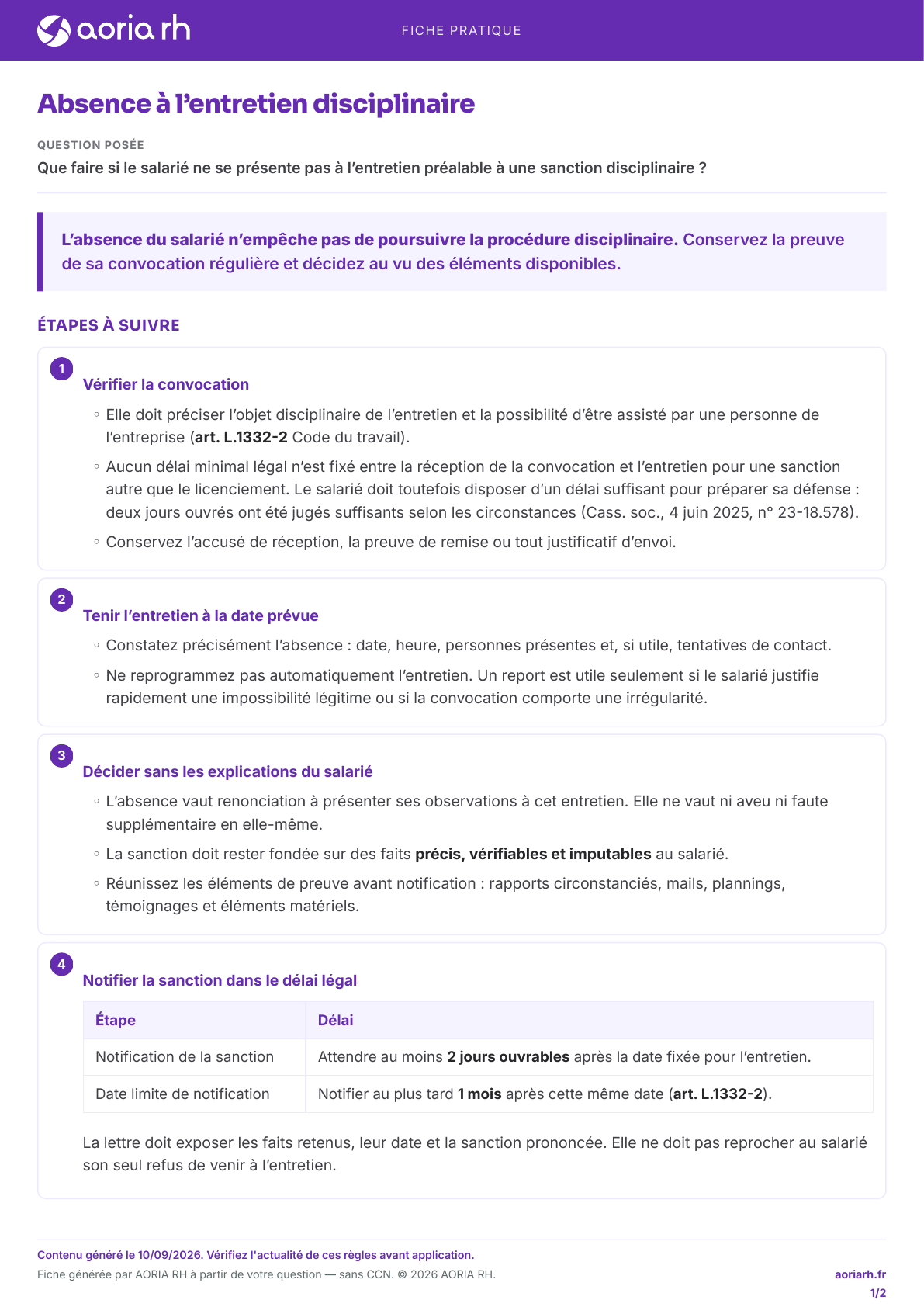 Page 1 sur 2 — Absence à l’entretien disciplinaire