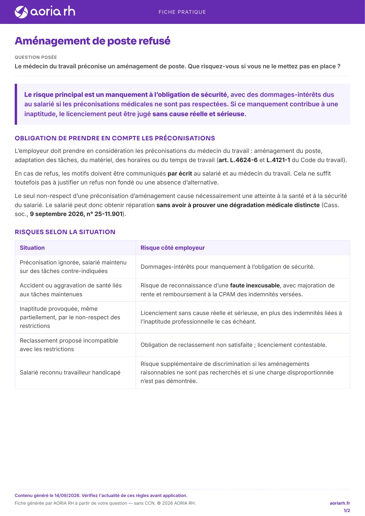Page 1 sur 2 — Aménagement de poste refusé