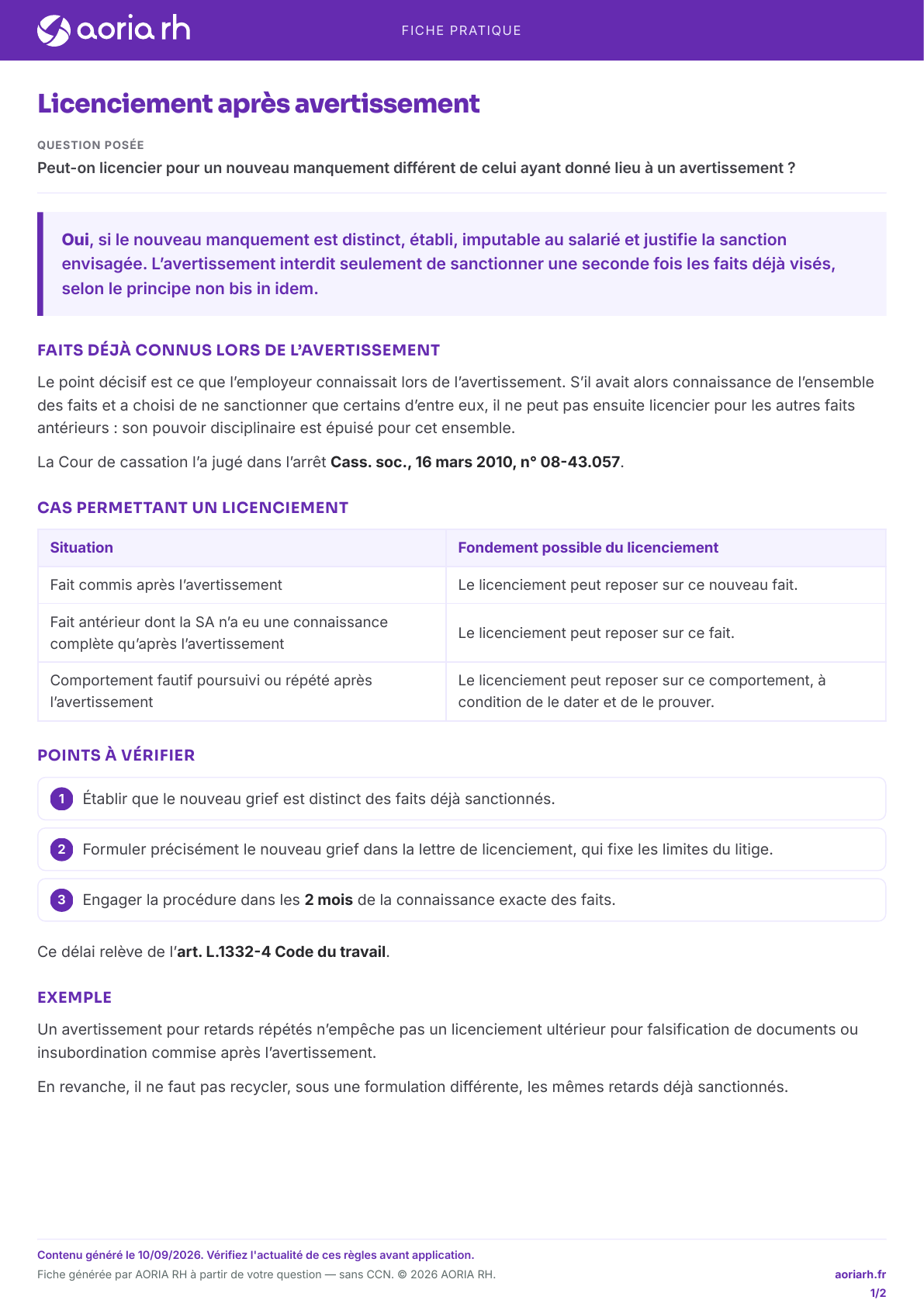 Page 1 sur 2 — Licenciement après avertissement