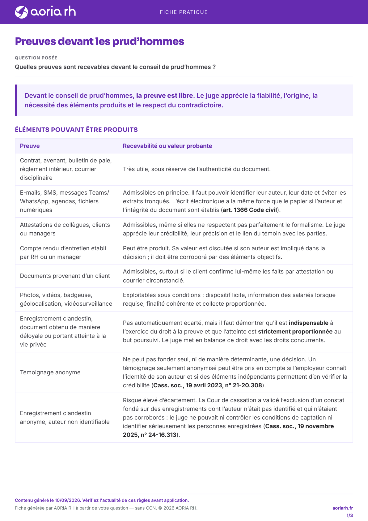 Page 1 sur 3 — Preuves devant les prud’hommes