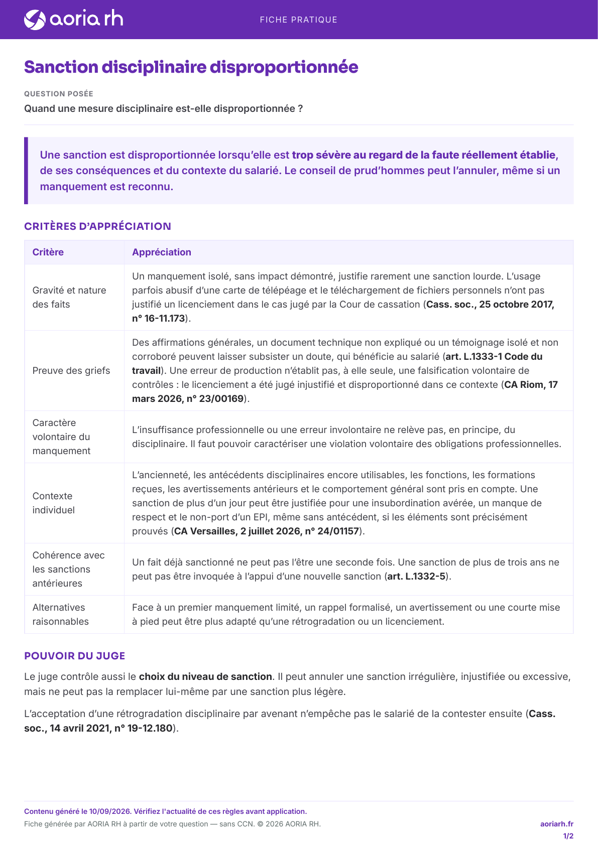 Page 1 sur 2 — Sanction disciplinaire disproportionnée